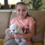fetita din orasul Focsani tine in brate un superb pui bichon frise